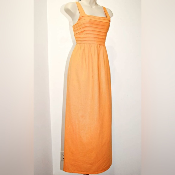 TAHARI Linen Blend Wide Stripes Pockets Pleated Bodice Maxi Dress in Orange Sz 2 - Picture 6 of 15